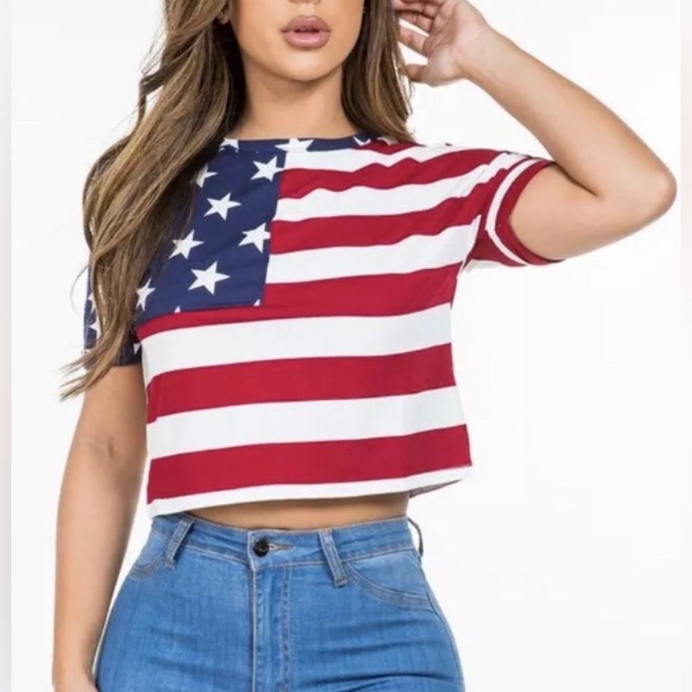 USA Flag stars and striped crop t-shirt top Rayon Patriotic Casual Chic July 4th